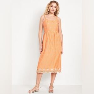 Old Navy Orange Floral Embroidered Eyelet 100% Cotton Midi Dress Size Medium